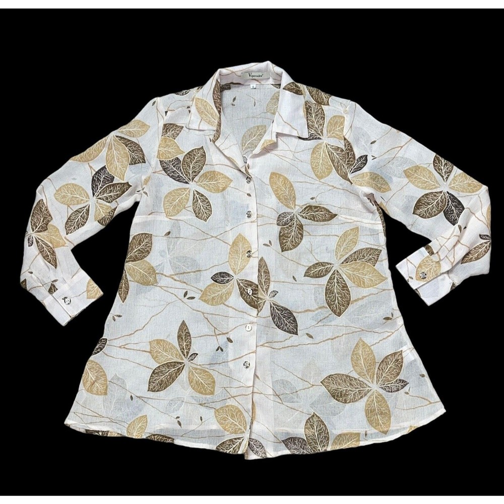Vipavadee Women’s Small S Floral Leaf Print Long Sleeve Tunic Button Blouse Top